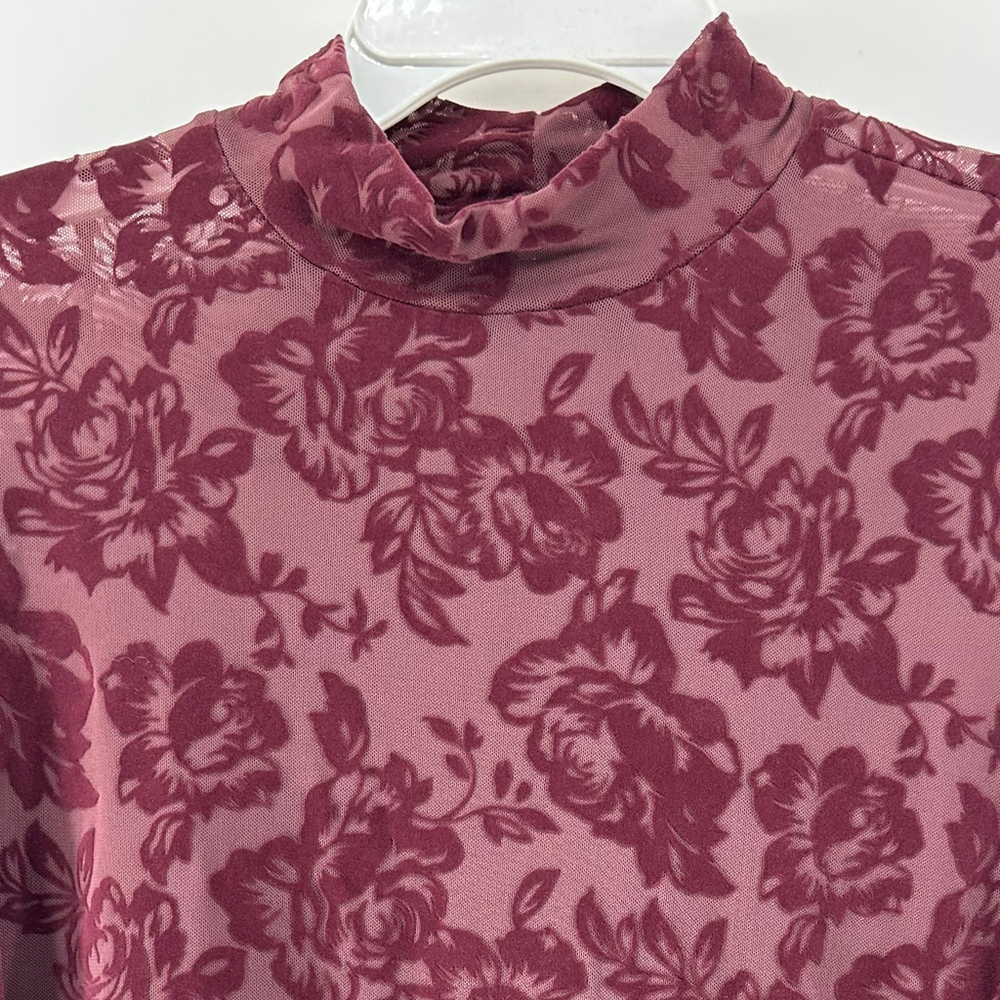 TORRID Burgundy FLORAL Mock Neck Long Sleeve SHEER Top WOMENS PLUS SIZE 0 12 14 - Picture 4 of 8